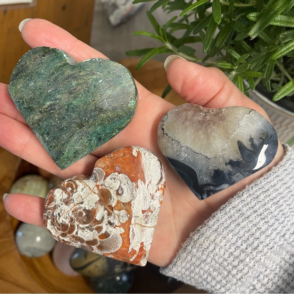 Heart-Shaped Stone Accents - Green, Black, and Brown. Crystal heart trio